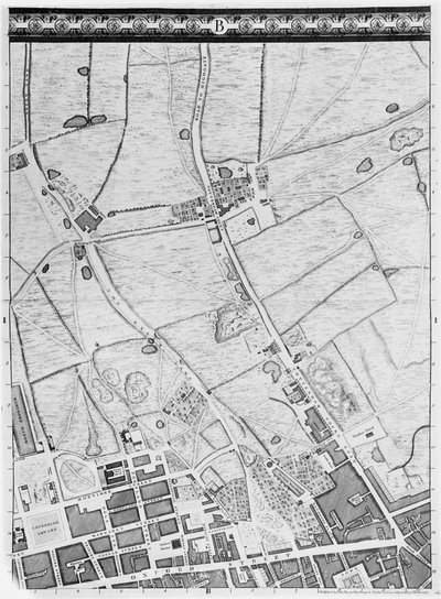 Eine Karte des West End und Soho, London, 1746 von John Rocque